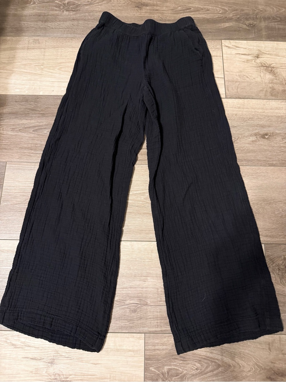 LOFT Black Wide-Leg Gauze Pants with Elastic Waist